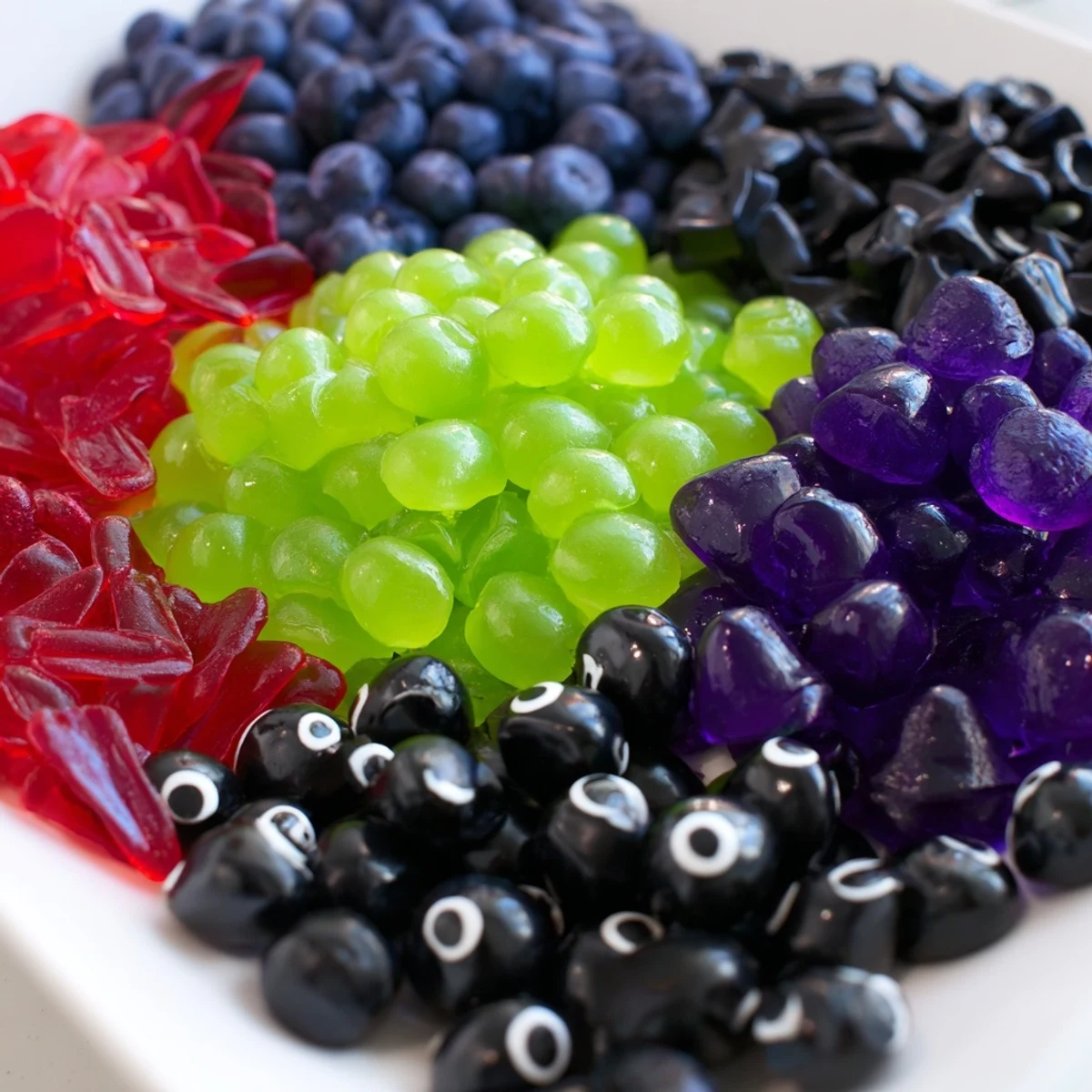 A Halloween party's colorful Poison Apple Candy Platter, featuring spooky licorice and green apple gummies.