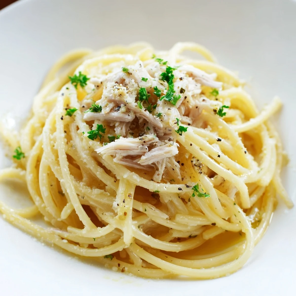 Shredded chicken sits atop Simple Garlic Butter Bucatini, a flavorful pasta dish perfect for dinner.