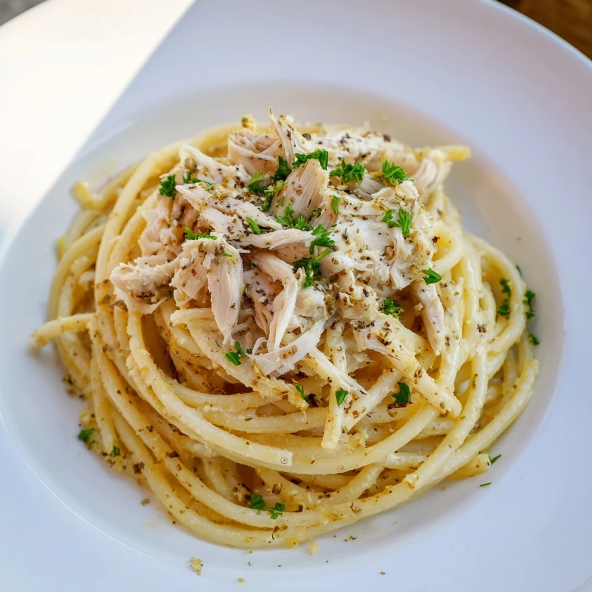 Golden garlic butter coats the bucatini pasta with tender chicken, a simple, delicious meal.