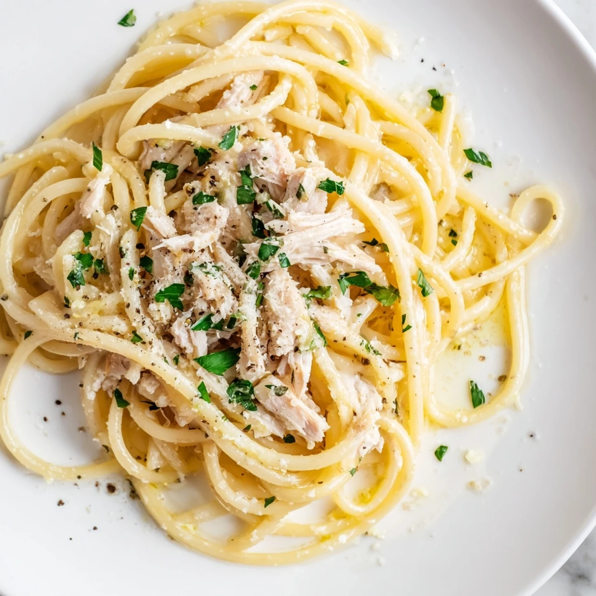 This close-up shows Simple Garlic Butter Bucatini, the pasta glistening with savory garlic butter sauce.