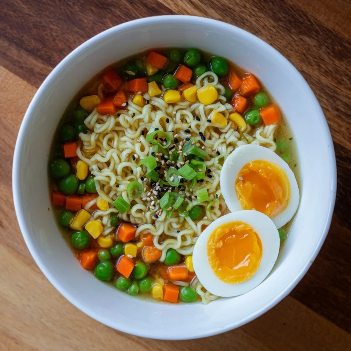Enjoy a comforting bowl of ramen upgrade with frozen peas, topped with fresh green onions.