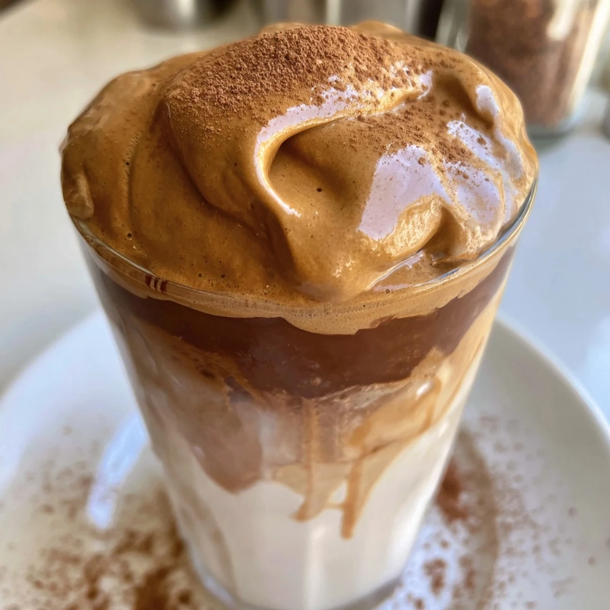 The beautiful, layered effect of a homemade Brown Sugar Dalgona Latte, ready to be sipped and savored.