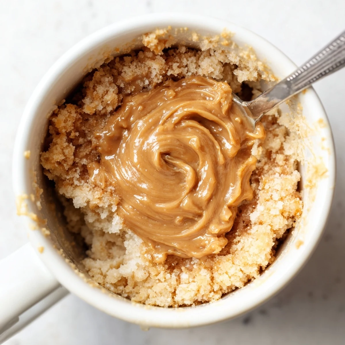 A single serving of a decadent 2-Minute Peanut Butter Mug Cake, perfect for a quick dessert craving.