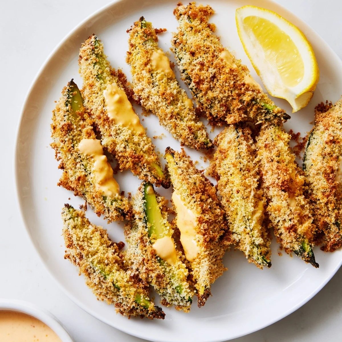 Crispy baked avocado fries, golden and enticing, ready to be dipped into flavorful aioli.