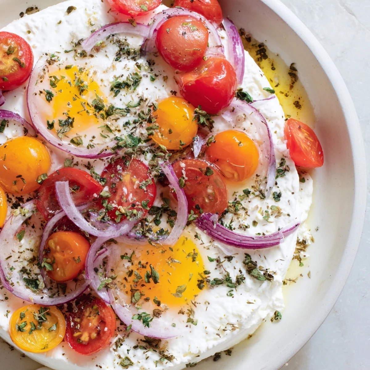 Freshly baked Mediterranean Feta & Eggs featuring a creamy feta block surrounded by vibrant roasted vegetables.