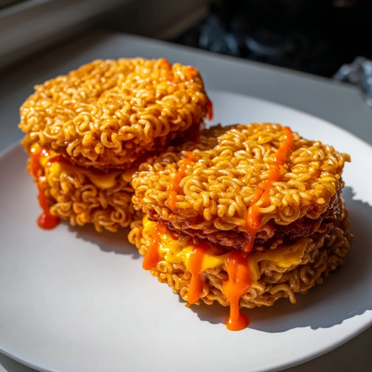 Golden-brown Instant Ramen Grilled Cheese, with melted cheese oozing between crispy noodle buns, ready to eat.