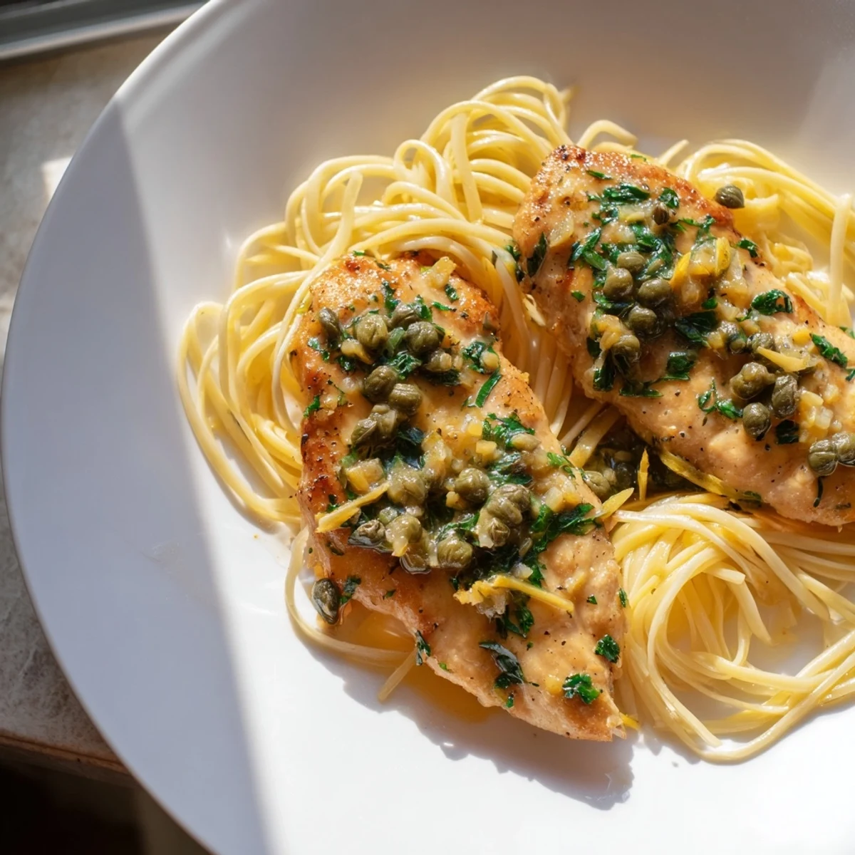 Lemony Quick Chicken Piccata Pasta, featuring tender chicken atop perfectly cooked pasta, ready in 30 minutes.