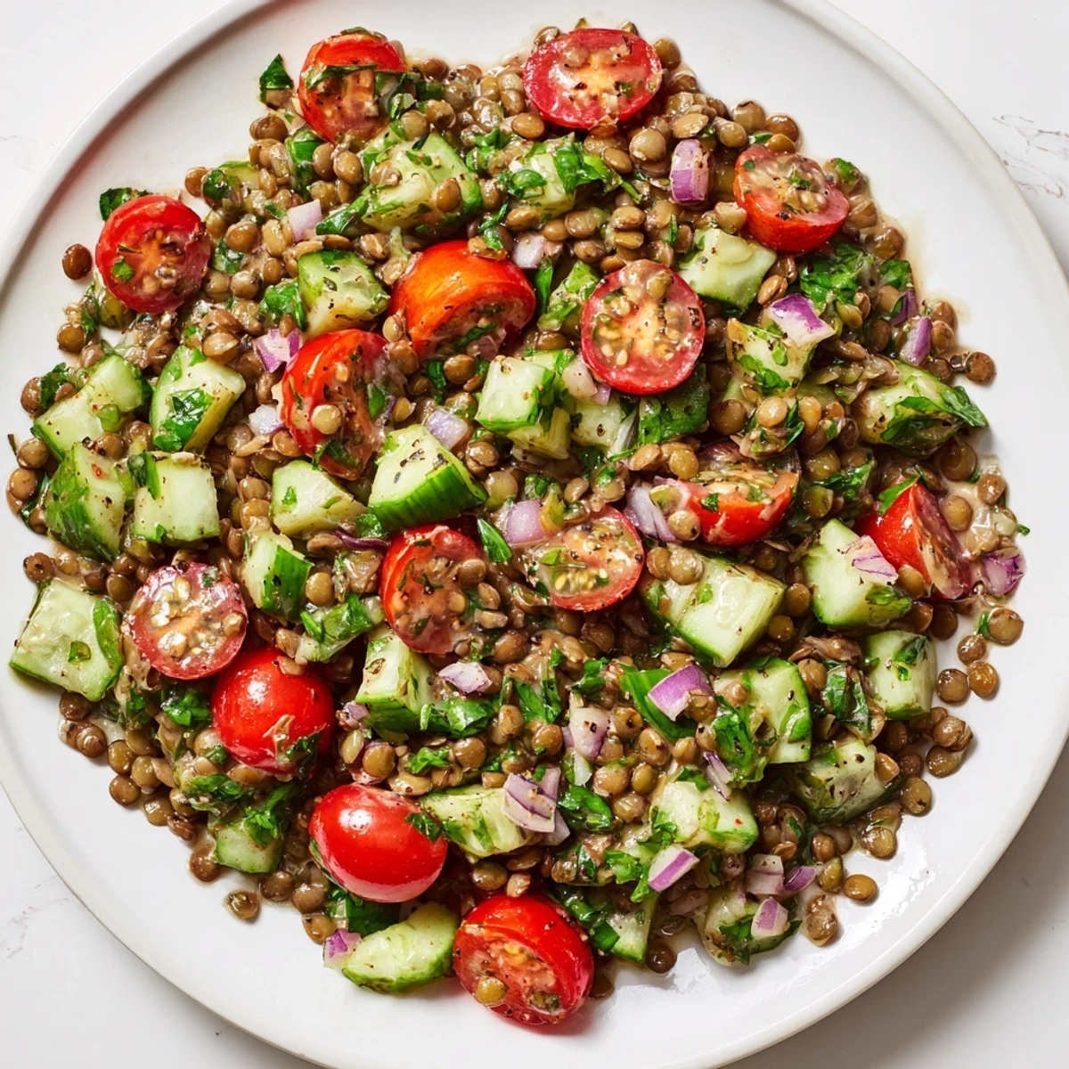 Hearty lentil salad overflowing with juicy tomatoes and cucumbers, tossed in a tangy mustard vinaigrette.