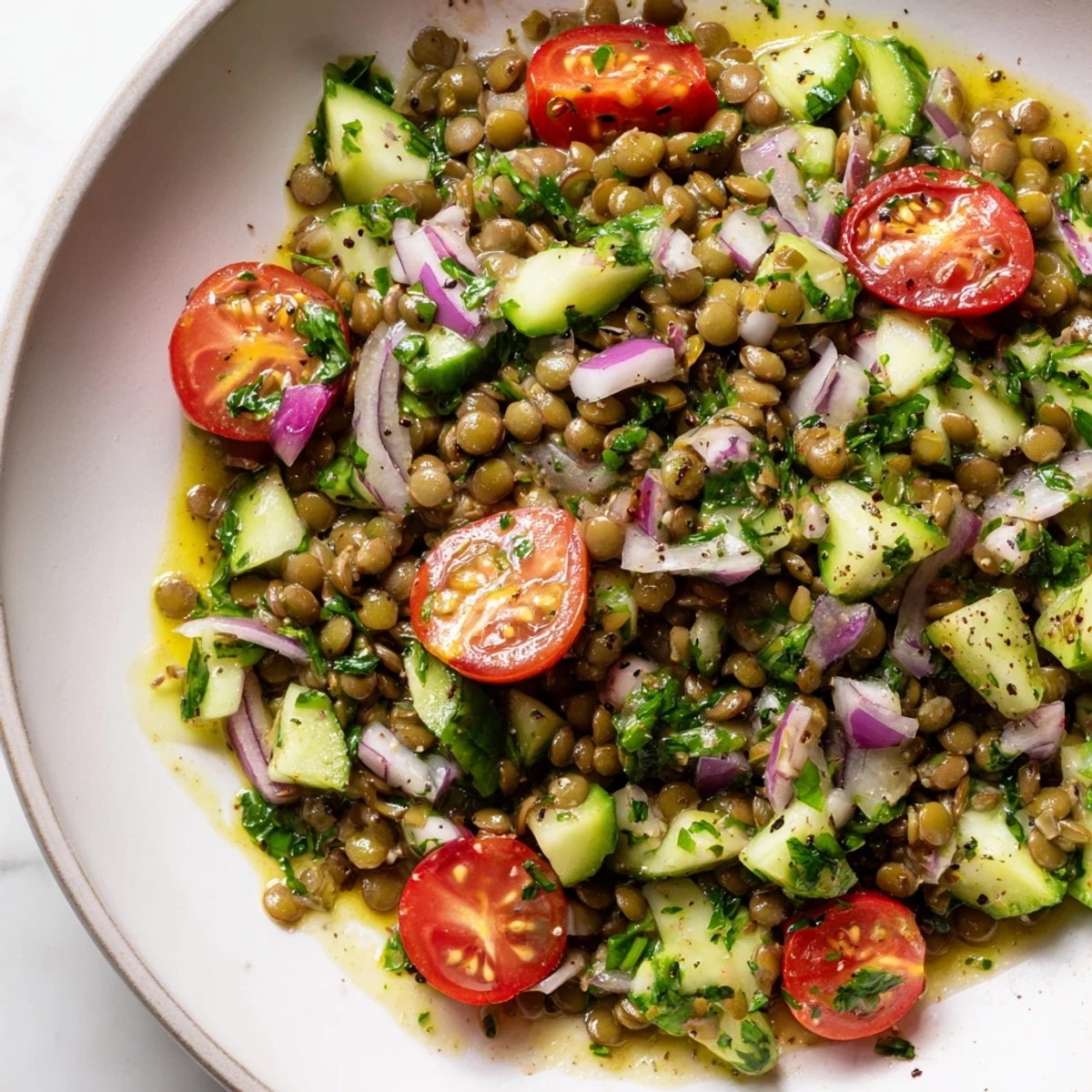 A colorful bowl of fresh lentil salad, a healthy and delicious vegetarian side dish option.