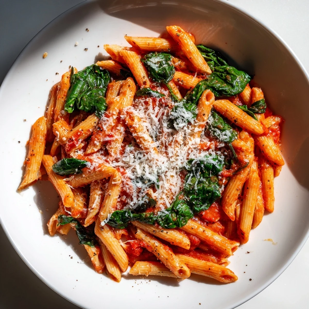 Quick Marinara Pasta with Spinach: A comforting bowl of pasta, marinara, and spinach awaits, delicious and simple.