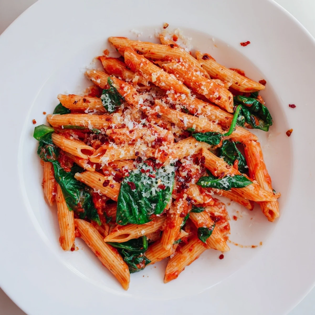 This Quick Marinara Pasta with Spinach features a vibrant red sauce, fresh green spinach, and perfectly cooked pasta strands.