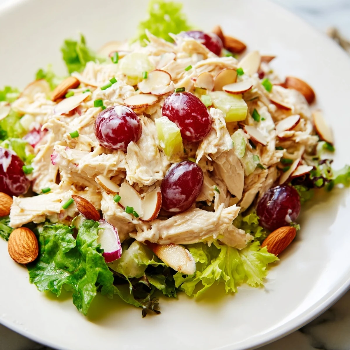 Generous portion of Crispy Chicken Salad, featuring savory chicken, celery, and grapes, ready to eat.