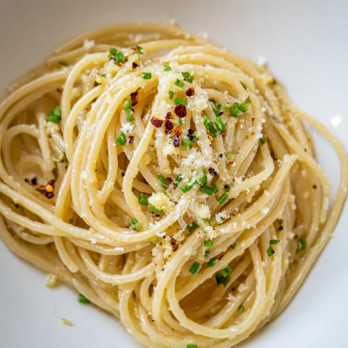 A close-up view of Miso Butter Pasta, glistening, garnished with fresh chives and Parmesan.