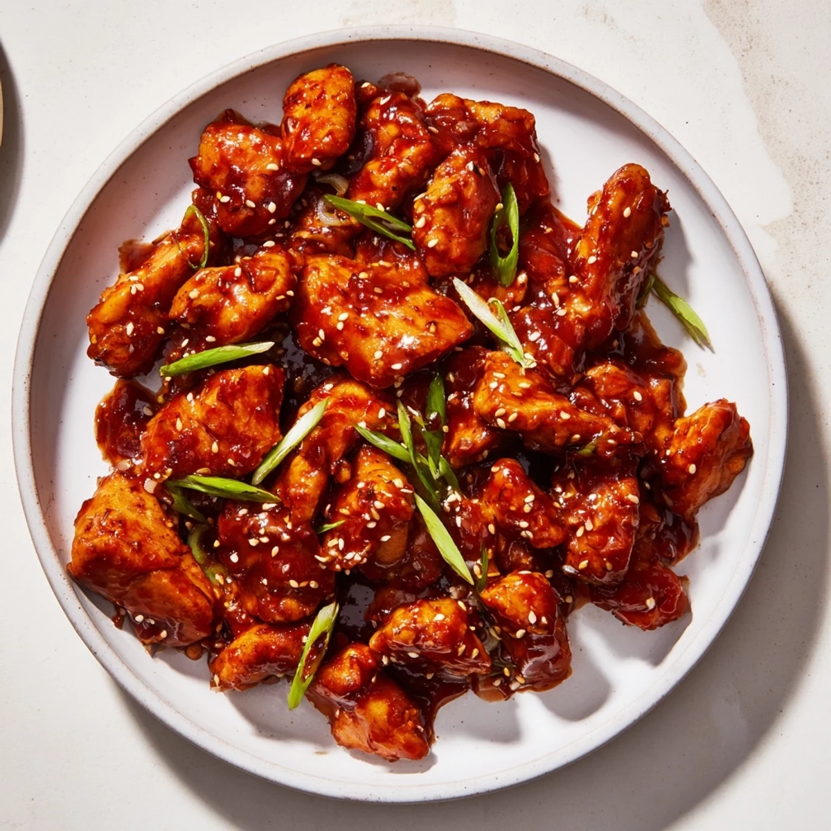 A close-up of tender Sweet and Spicy Sriracha Honey Chicken, garnished and ready for a flavorful bite.