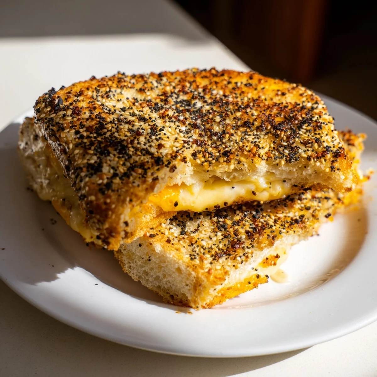Golden and melty everything bagel grilled cheese, with a crispy, savory crust perfect for lunch.