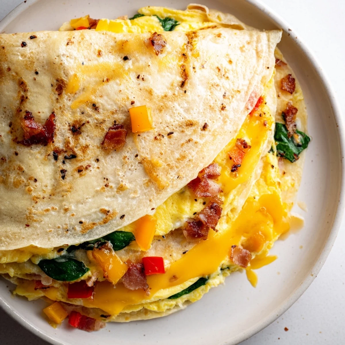 Golden and crispy breakfast quesadilla showing the folded tortilla filled with cheesy eggs.