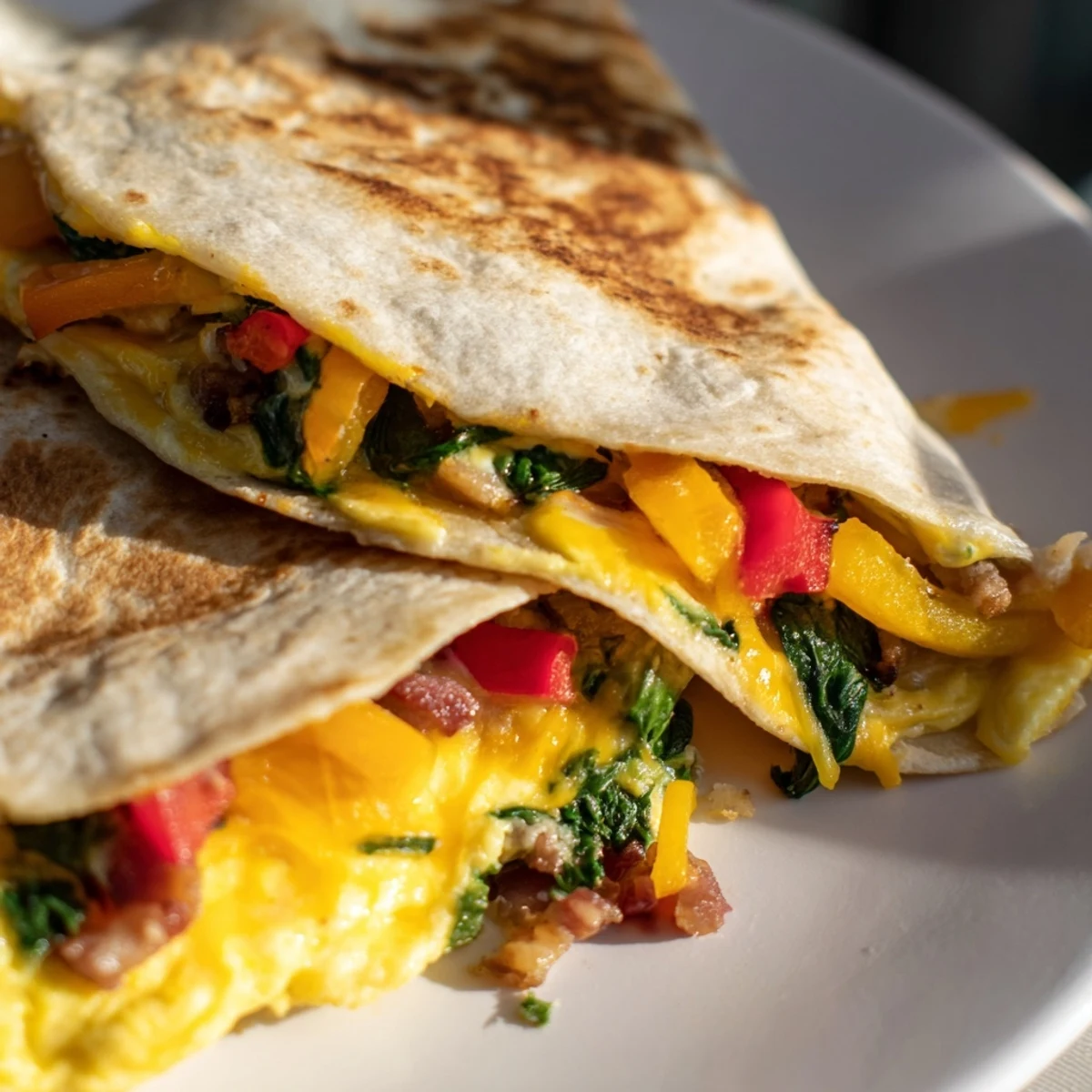 Savory breakfast quesadilla with a perfectly melted cheese filling, ready to be enjoyed.