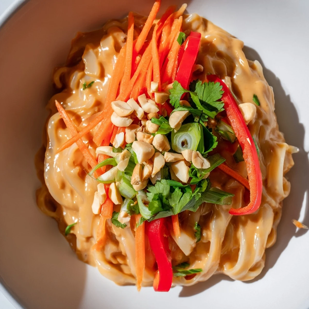 Steaming bowl of spicy peanut noodles, vibrant with colorful veggies and chopped peanuts.