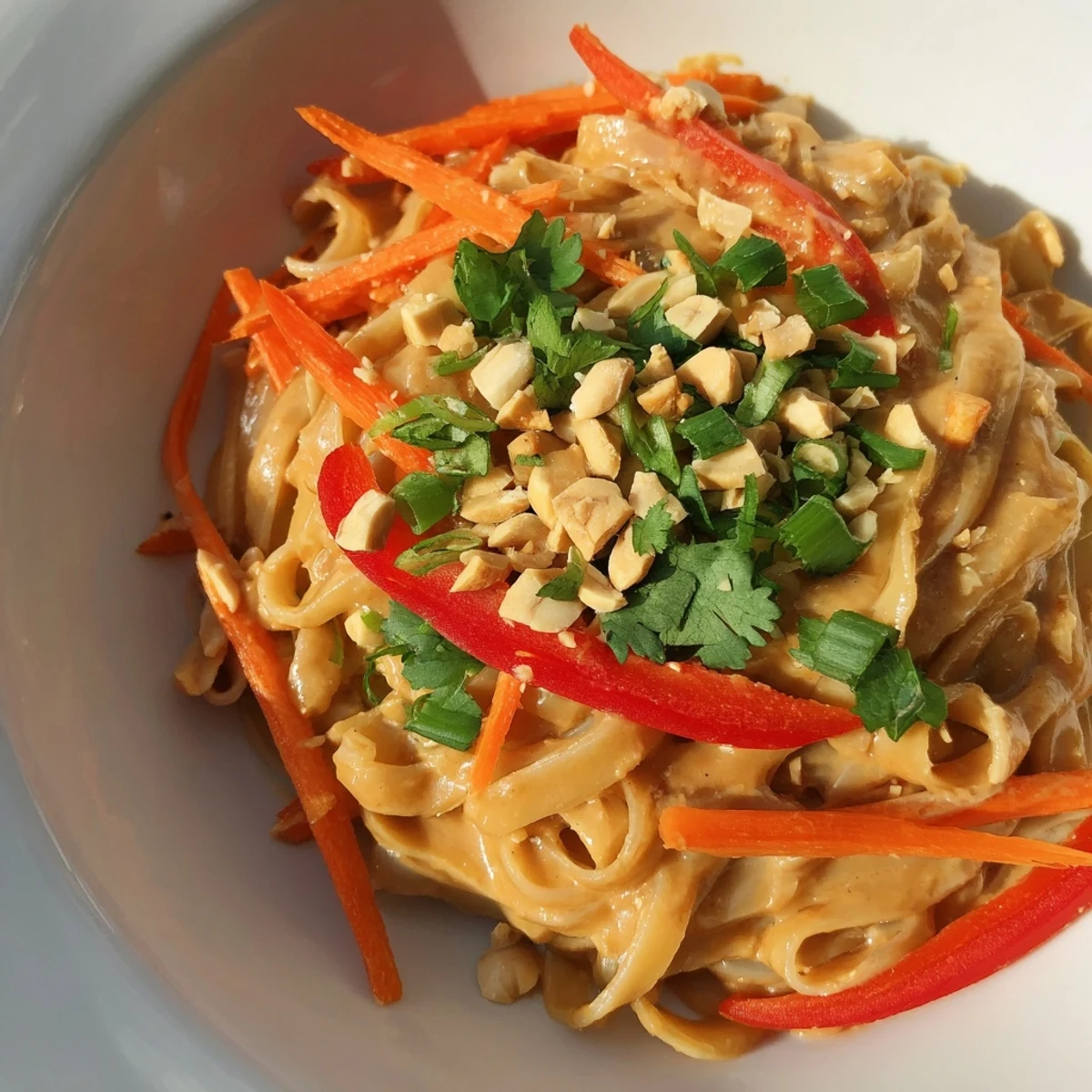 A close-up shot of delicious, creamy spicy peanut noodles, ready to be enjoyed with lime.