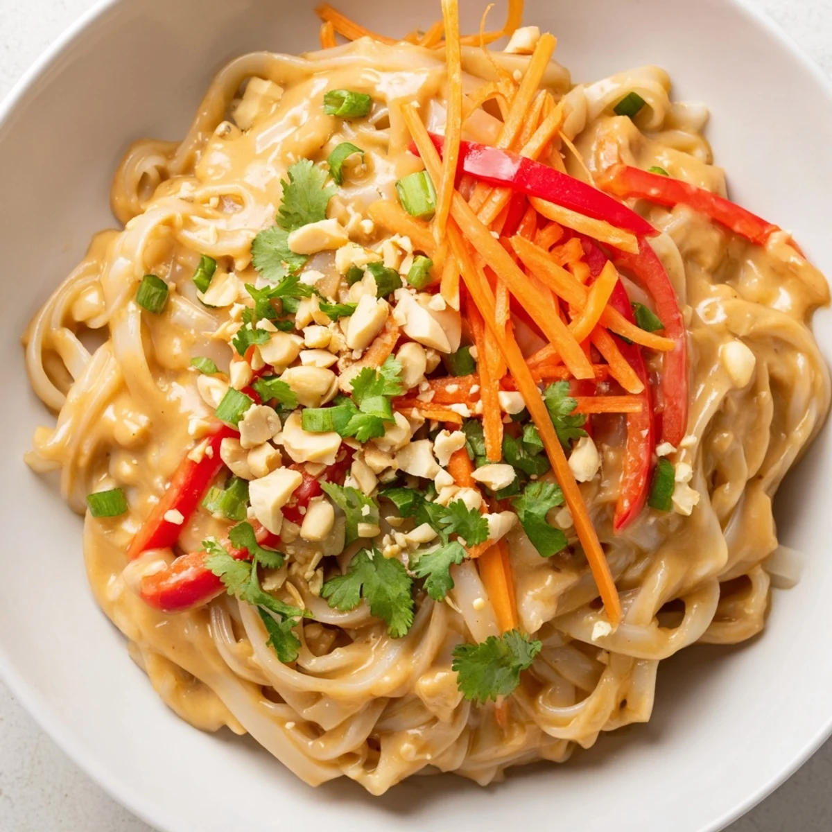 Freshly made spicy peanut noodles, tossed in a rich sauce, garnished with cilantro and scallions.