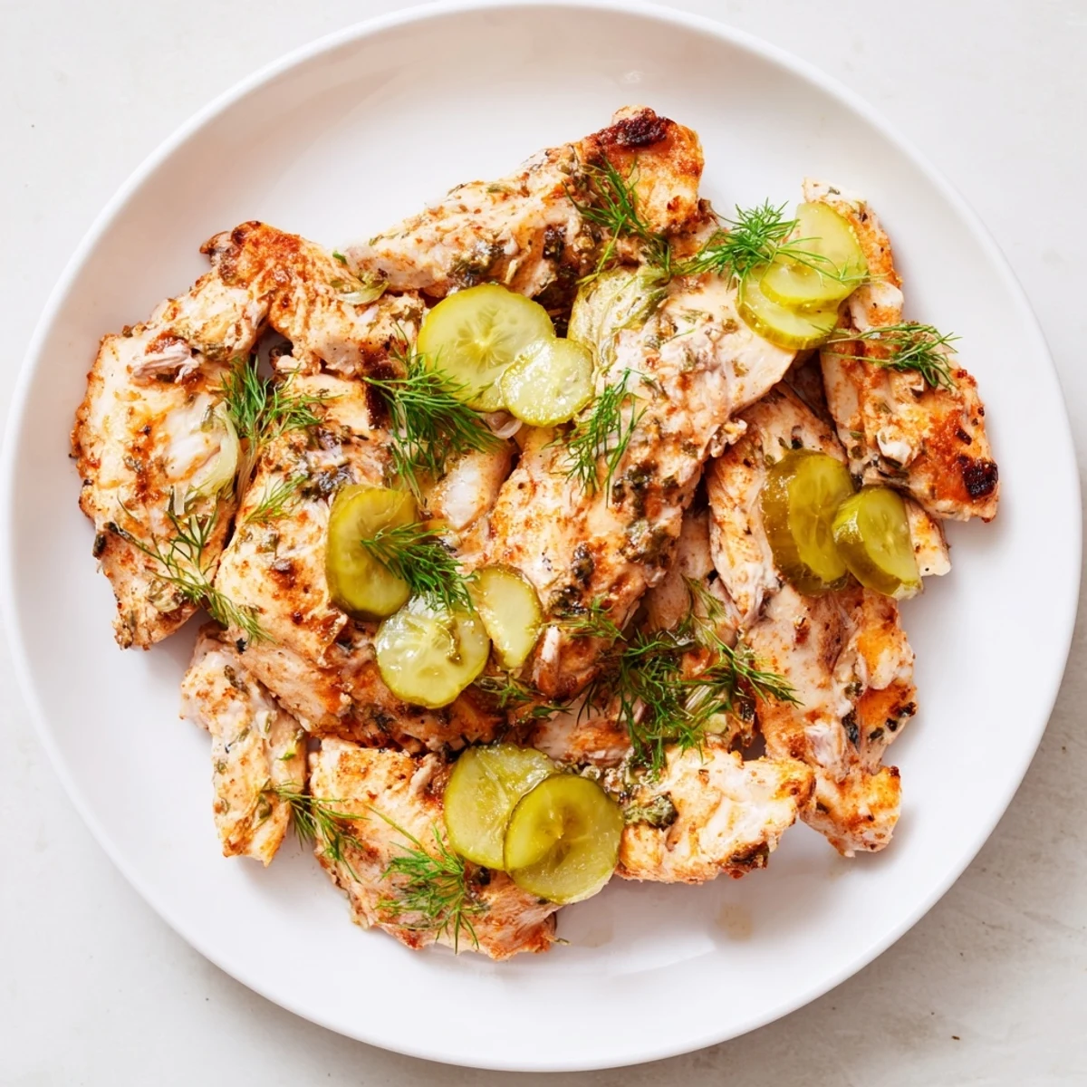 Golden-brown Pickle Ranch Chicken, juicy and savory, ready to serve with fresh dill and pickles.