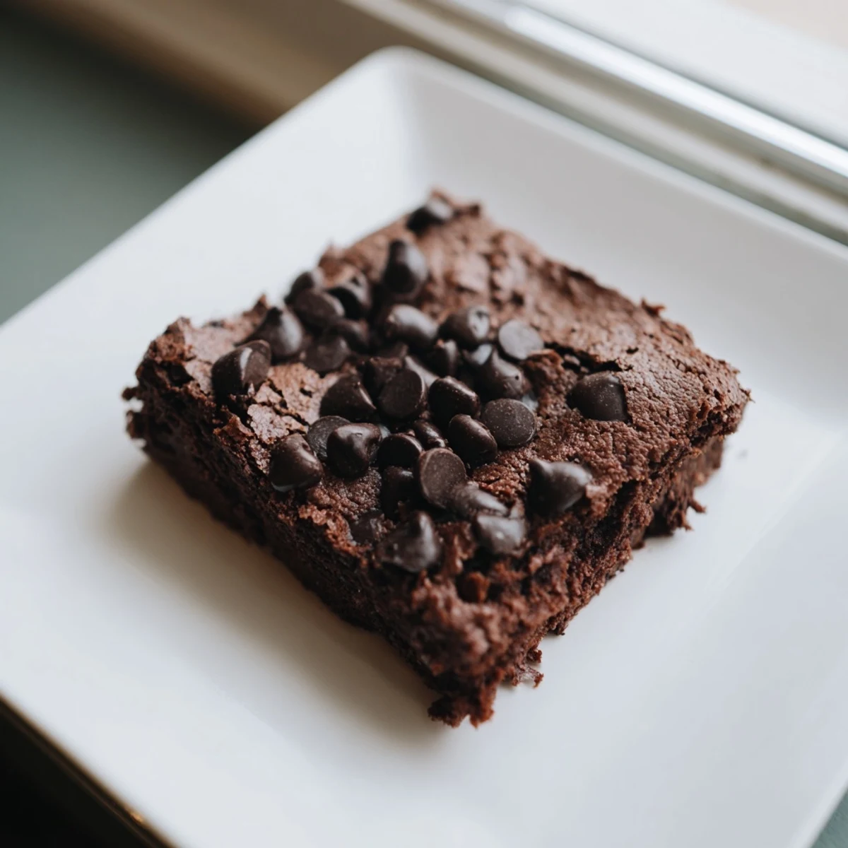 Fudgy Greek yogurt brownies, warm from the oven, with a crackly top and melted chocolate chips.