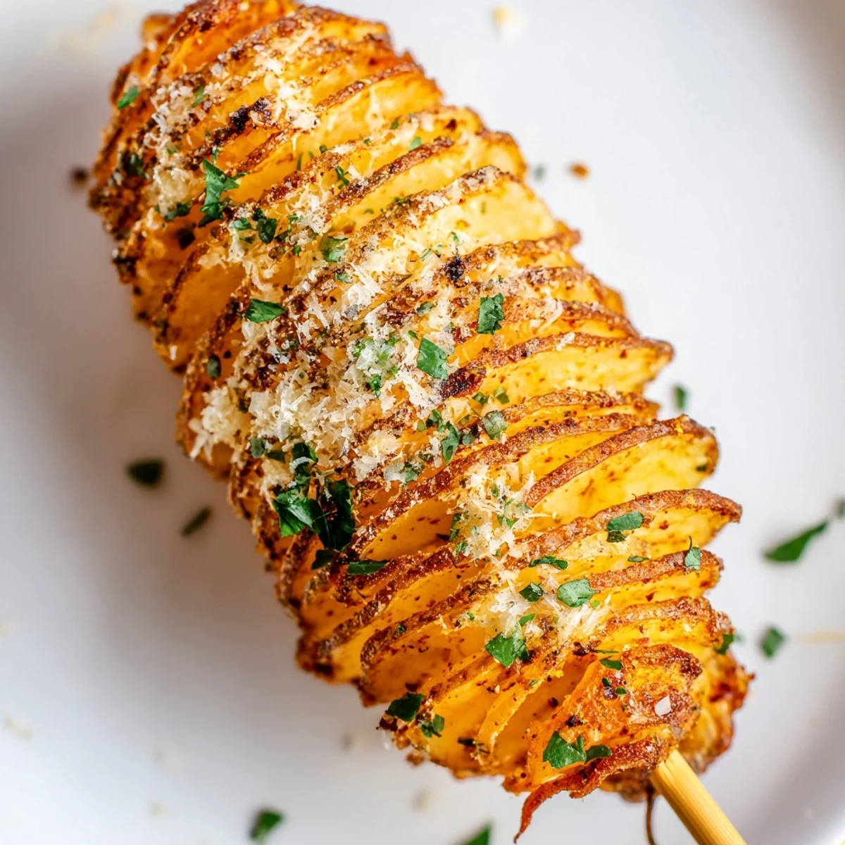 Close-up of baked Tornado Potatoes, highlighting the golden-brown spiral and enticing texture.
