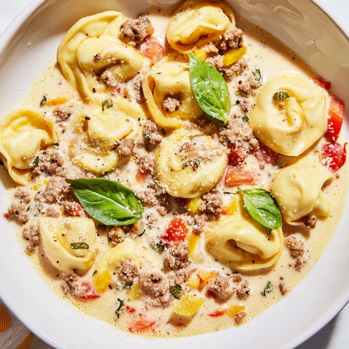 A delicious serving of creamy Tortellini Beef Soup, garnished with Parmesan and fresh basil, inviting you in.