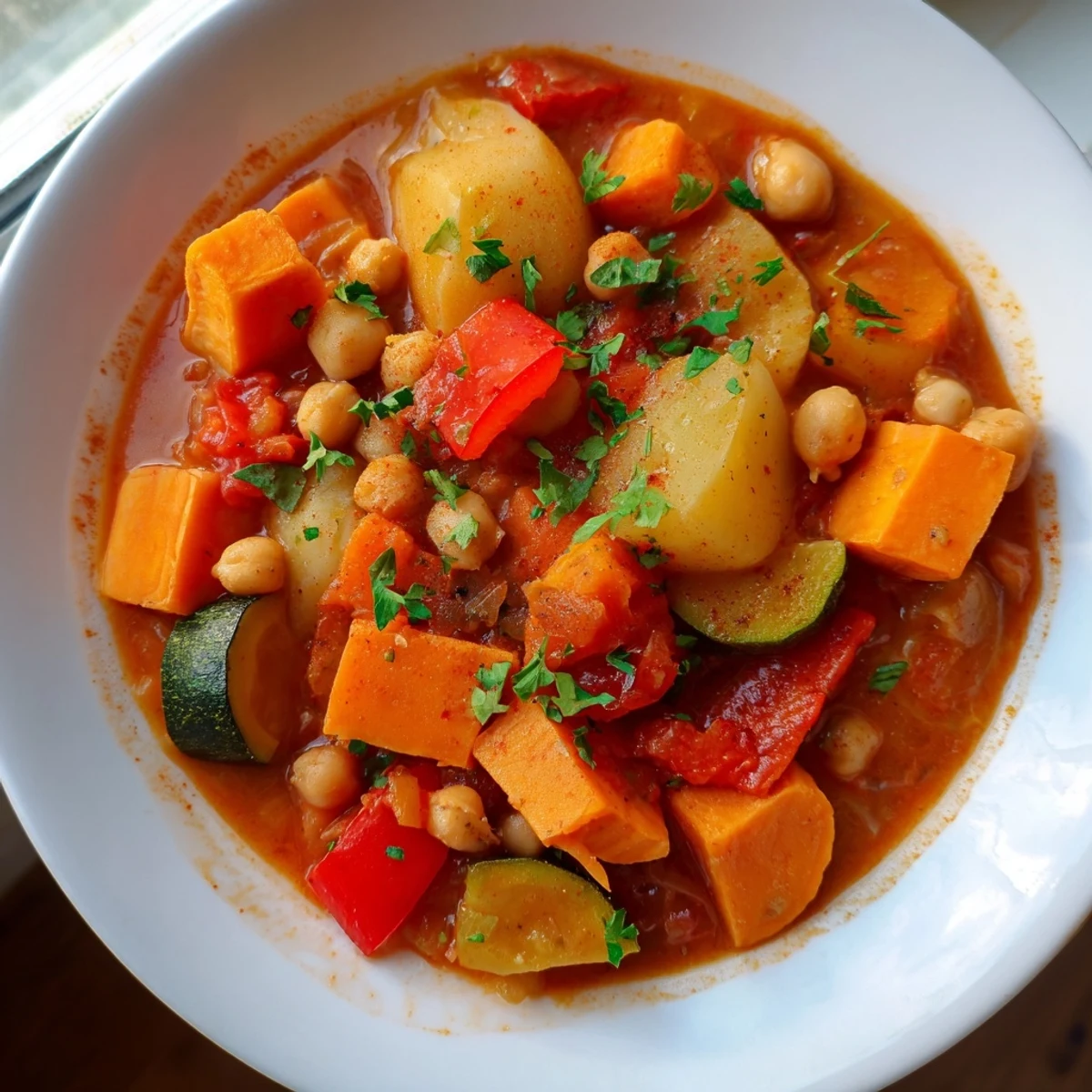 A steaming bowl of Hearty Vegan Sweet Potato Stew, filled with vibrant vegetables and rich broth.