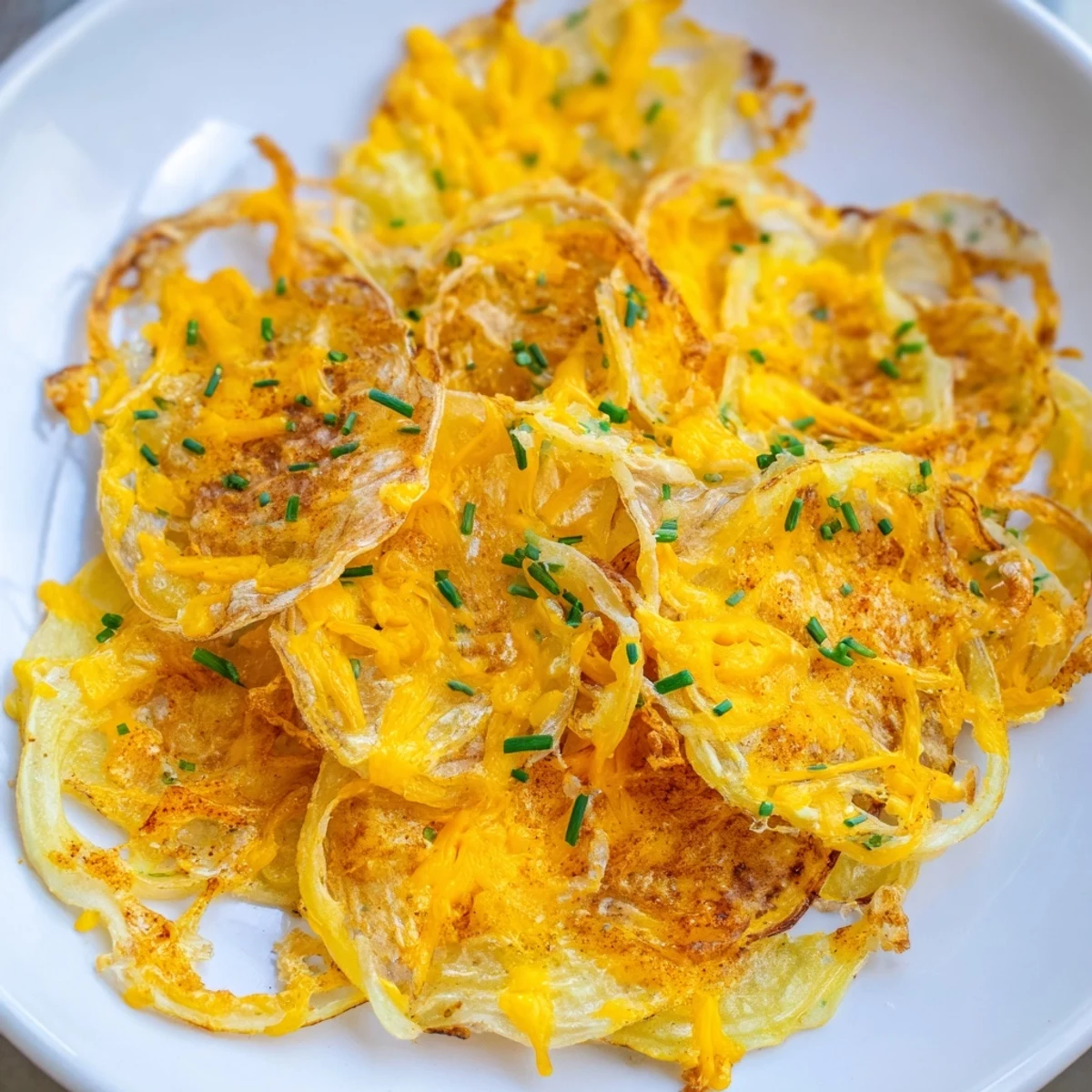Air-fried Crispy Onion Cheese Chips, featuring perfectly browned onion rings and bubbling, crispy cheese pulls.