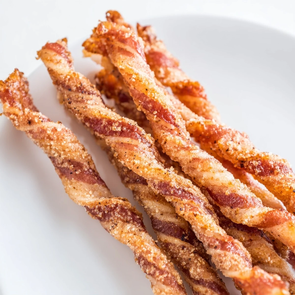 Golden, crispy Spiced Bacon Twists, glistening with caramelized sugar and cinnamon spices, ready to enjoy.