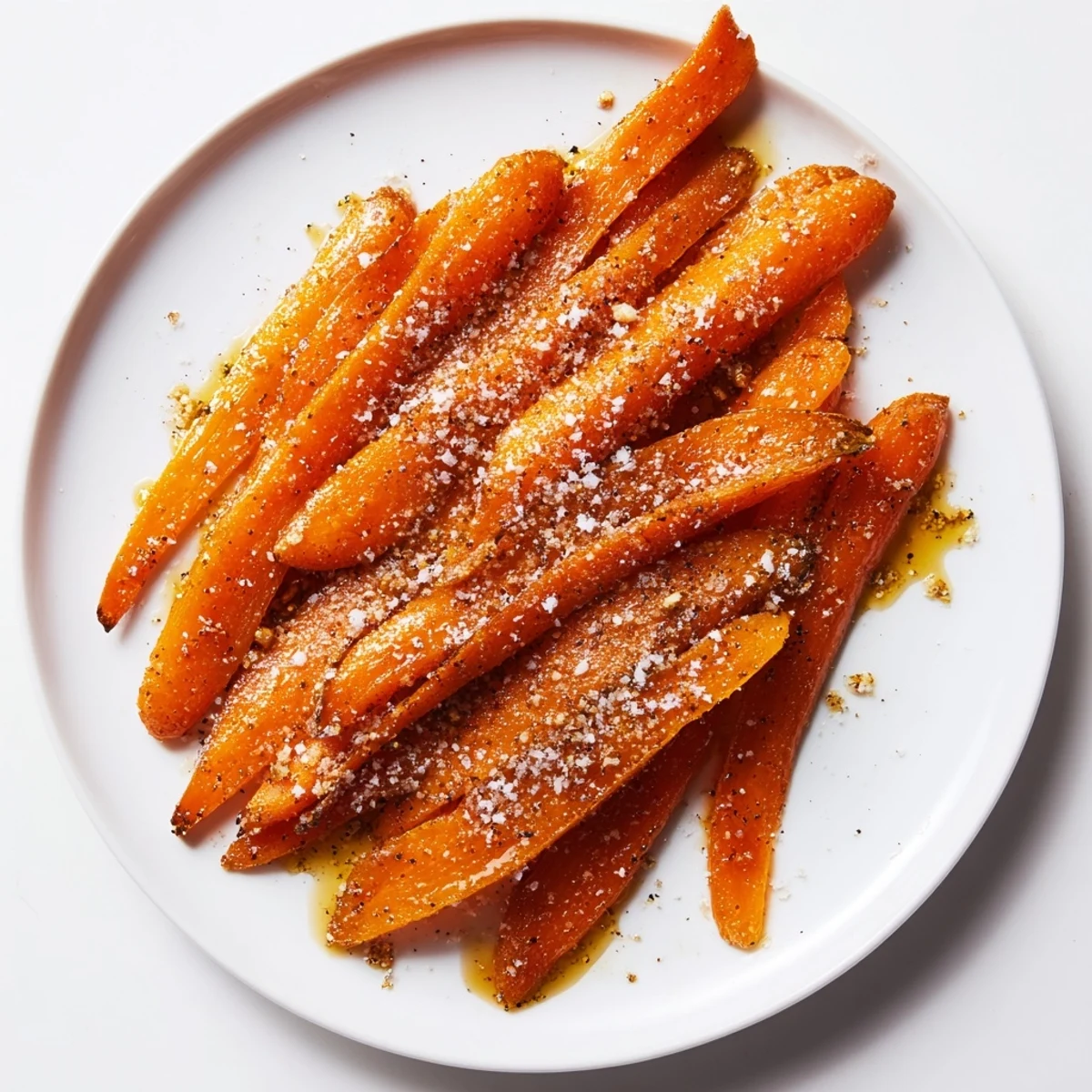 Crispy Parmesan baby carrot chips, glistening with honey, ready as a delicious snack or side.