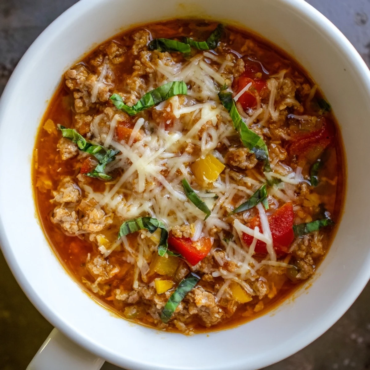 Steaming bowl of Pizza Soup with melted mozzarella, ready for dipping crusty bread in it.