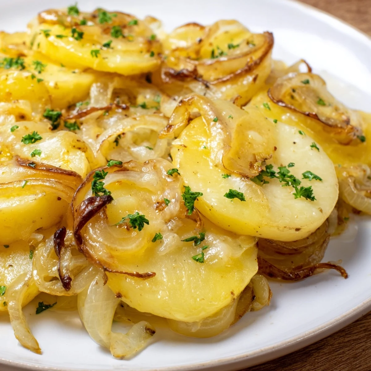 Golden, bubbly French Onion Soup Potatoes with melted Gruyère, perfect side dish on a plate.