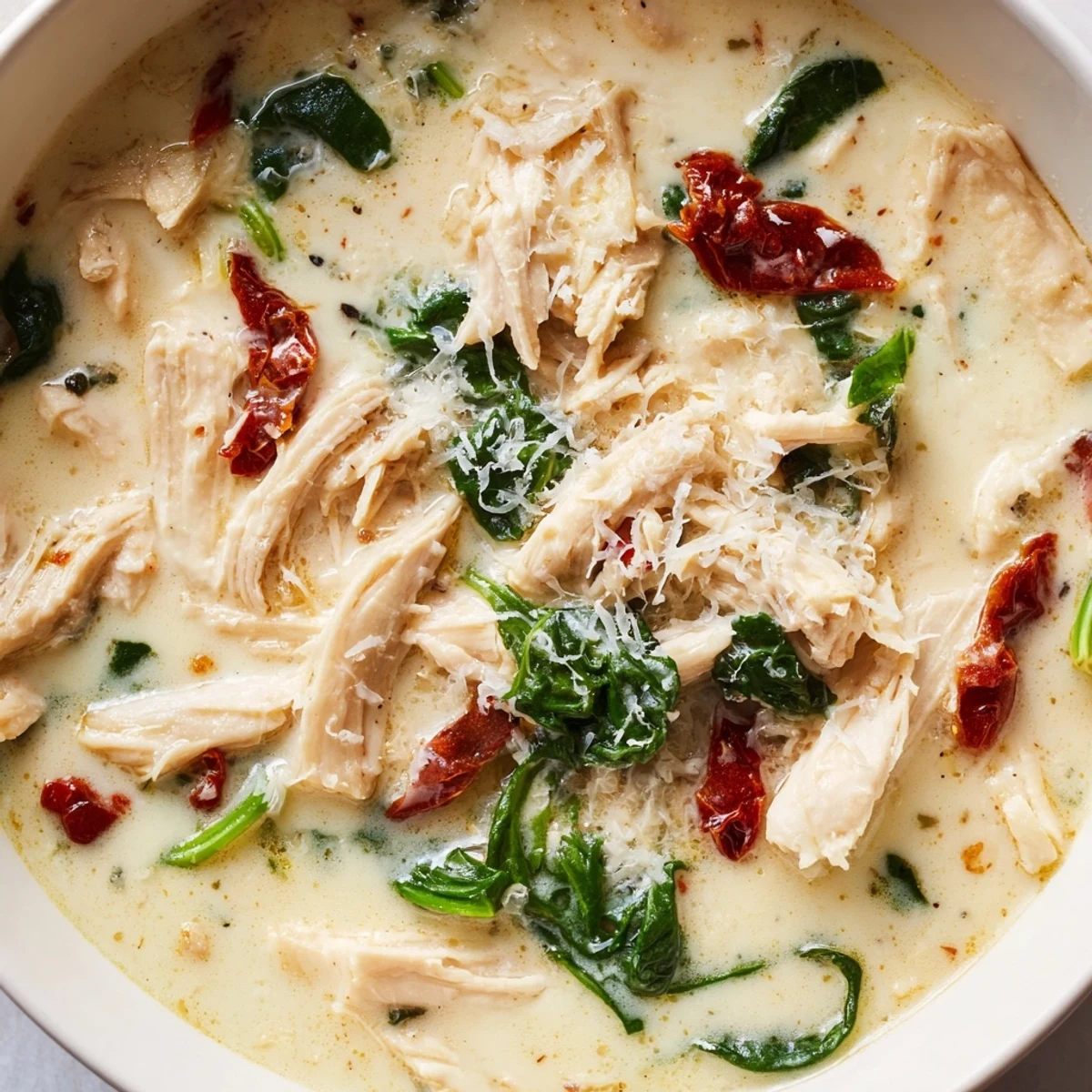 Close-up of Creamy Tuscan Chicken Soup with tender shredded chicken, wilted spinach, and chopped sun-dried tomatoes, highlighting the creamy texture and Italian herb flavors.