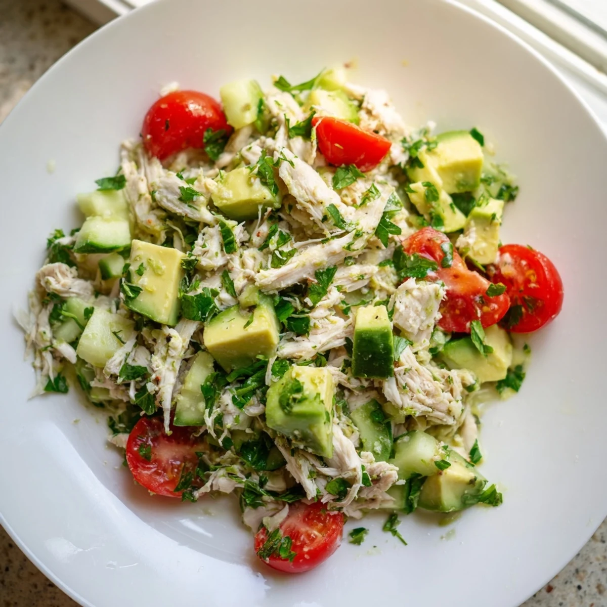 A close-up of vibrant Avocado Chicken Salad with diced chicken, creamy avocado, cherry tomatoes, and fresh cilantro on a rustic plate.