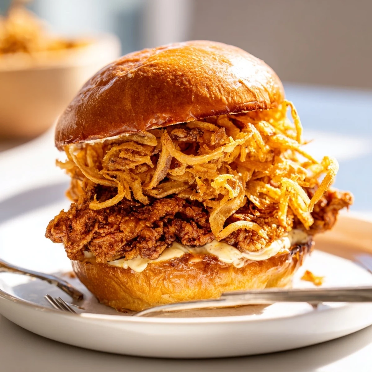 Golden-brown fried chicken thighs piled high on a toasted brioche bun, topped with crispy fried onions and creamy aioli, ready to serve.