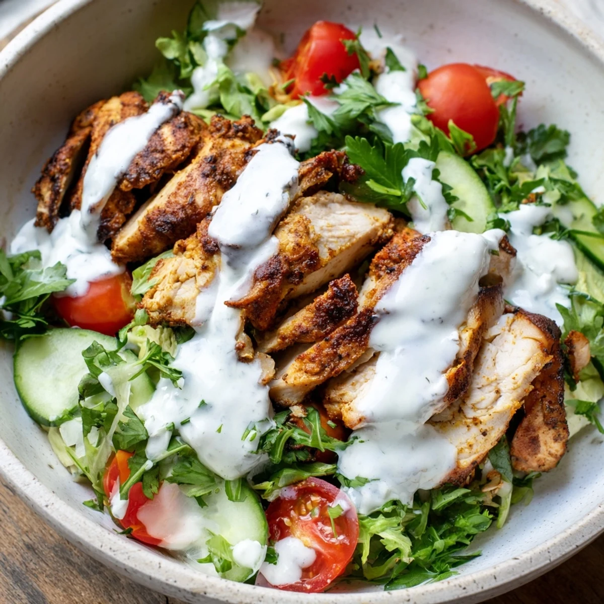 A vibrant Chicken Shawarma Salad Bowl with juicy, spiced chicken over crisp greens, cherry tomatoes, cucumber, and fresh parsley, drizzled with creamy garlic sauce.  