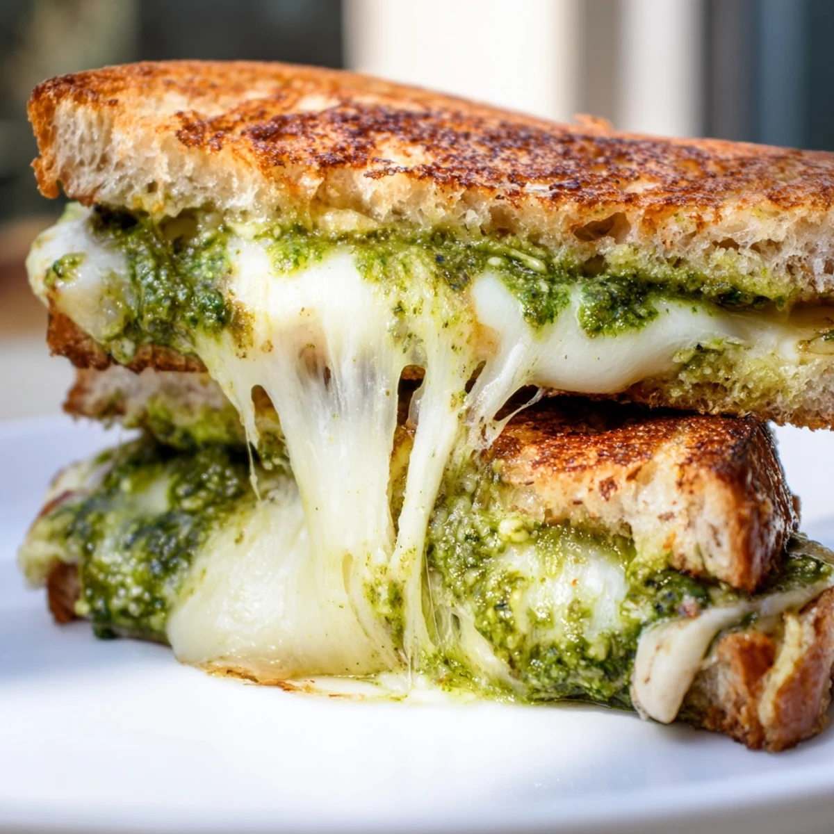 Golden-brown sourdough pesto grilled cheese slices rest on a rustic wooden board beside a bowl of vibrant tomato soup.