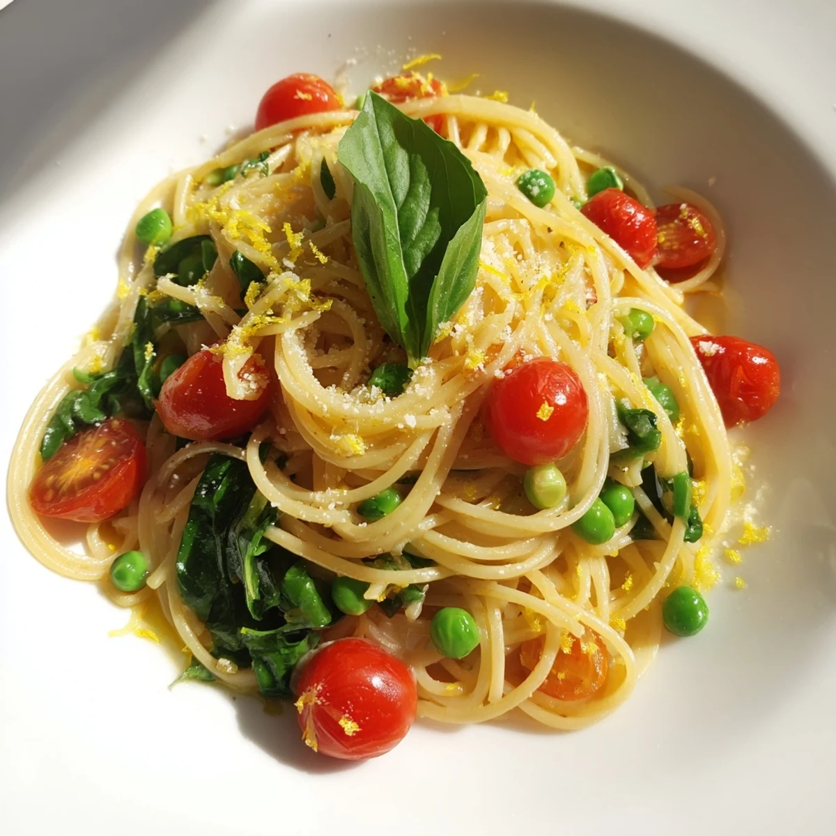 The finished Spring Veggie One-Pot Spaghetti steams in a rustic skillet, topped with fresh basil and grated Parmesan cheese.