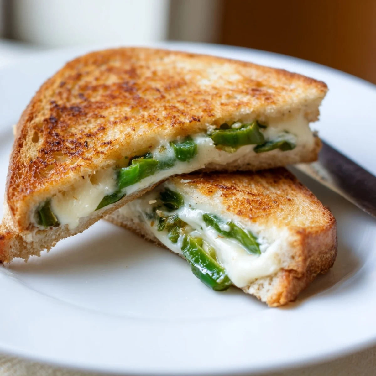 Golden-brown Jalapeño Pepper Jack Grilled Cheese slices on a plate, melted cheese pulling apart with pickled jalapeños visible.