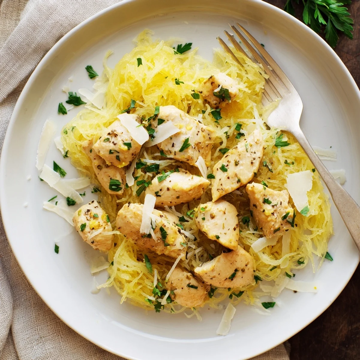 Roasted spaghetti squash strands topped with tender lemon garlic chicken, fresh parsley, and grated Parmesan cheese.
