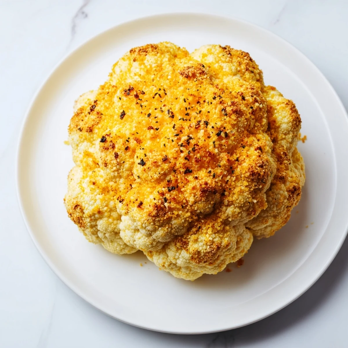 A slice of Cheesy Stuffed Cauliflower Head reveals creamy mozzarella and Parmesan filling, paired with roasted vegetables for a complete meal.