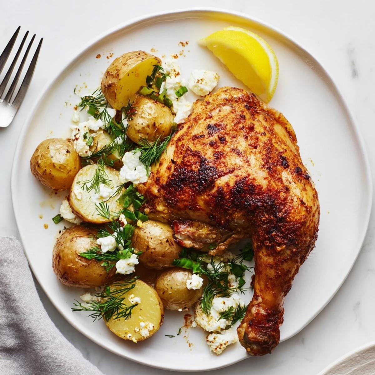 Whole Roasted Chicken with Pot Potatoes, Lemon Herbs, and Feta offers crispy skin and golden potatoes with zesty lemon.  