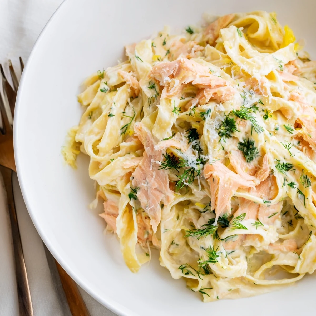 Creamy salmon pasta served in a shallow bowl, with glossy fettuccine coated in a rich sauce and fresh dill garnish.