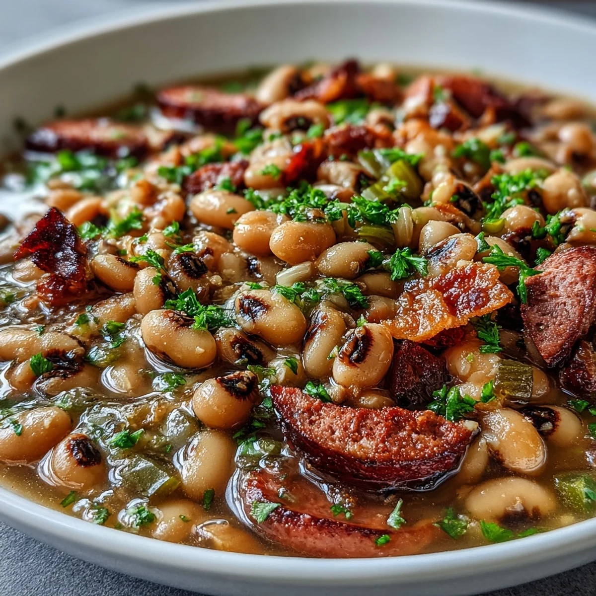 Close-up of a ladle pouring savory Southern-Style Black-Eyed Peas, revealing tender peas and chunks of Andouille sausage in the pot.
