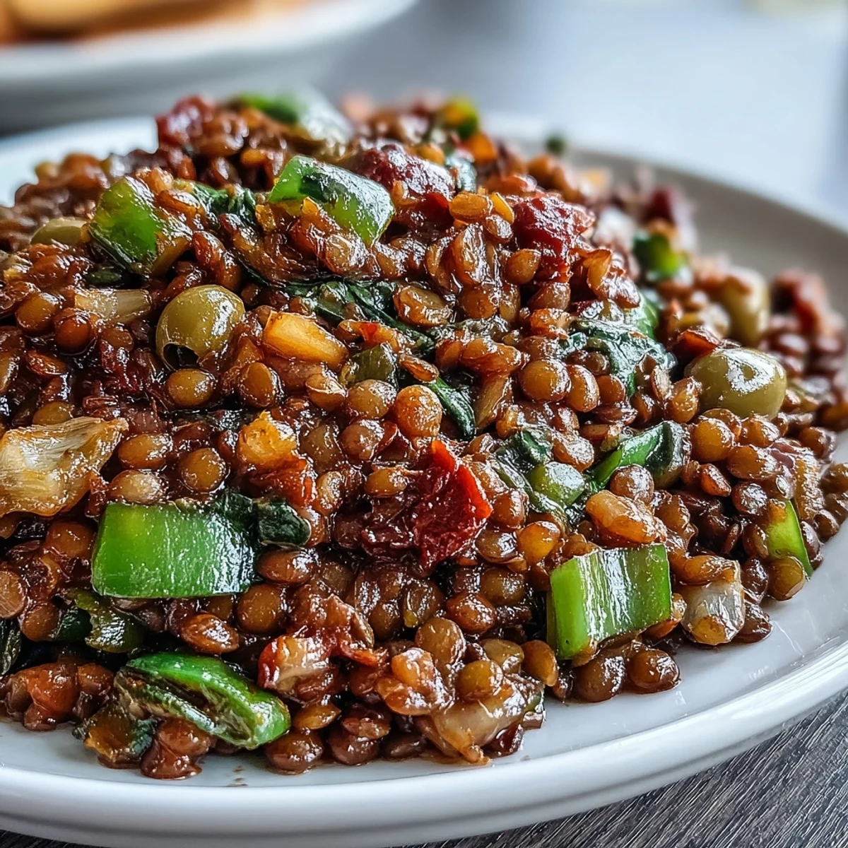 Hearty Cuban-Inspired Lentil Picadillo, savory-sweet flavors served over fluffy white rice.