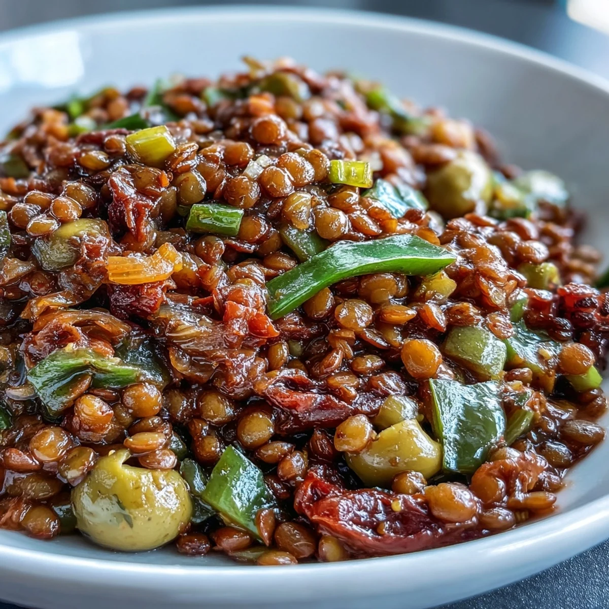 A vibrant bowl of Cuban-Inspired Lentil Picadillo, perfect for a flavorful weeknight dinner.