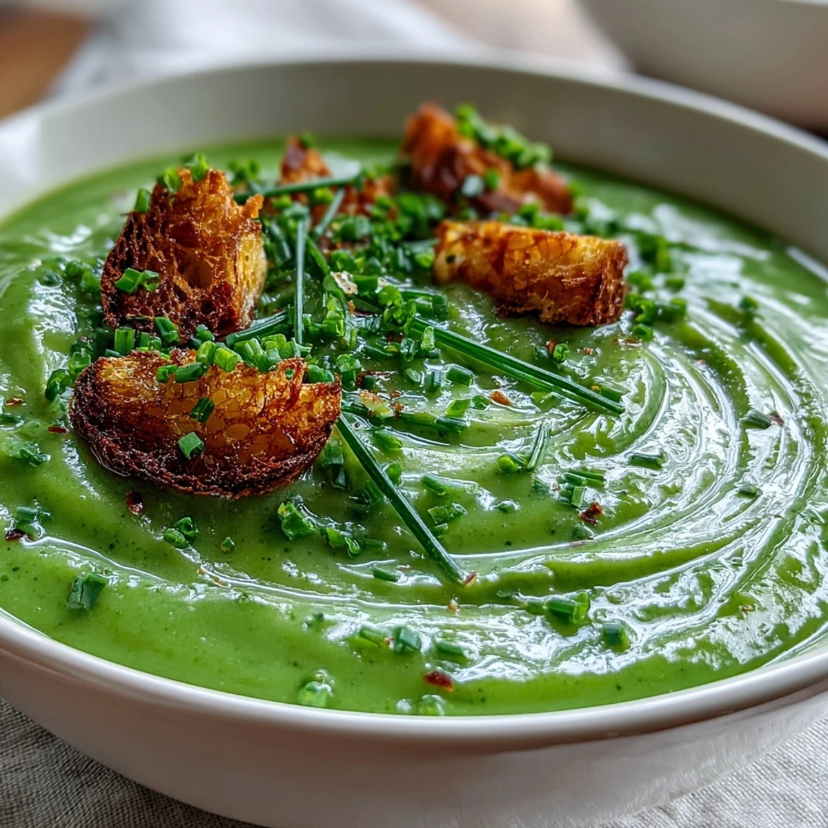 Creamy homemade Cream of Broccoli Soup in a rustic bowl, garnished with fresh chives and croutons.
