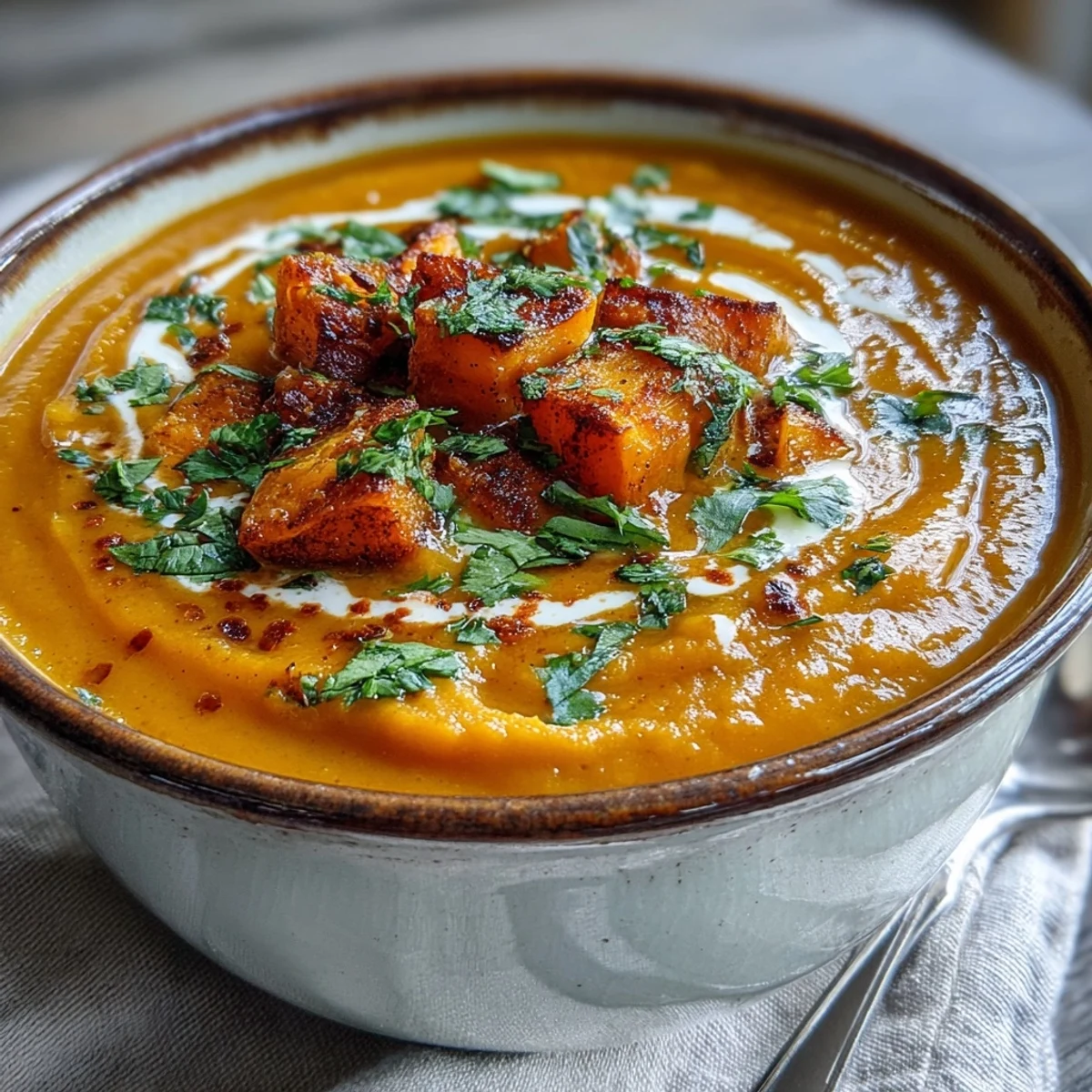 Creamy Butternut Squash and Lentil Soup in a rustic bowl, topped with cilantro and a swirl of coconut cream.
